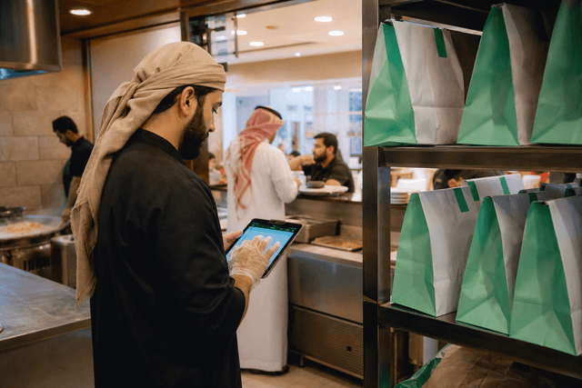 صاحب مطعم مندي في جدة يراجع طلبات جاهز على شاشة تابلت في المطبخ الخلفي، وأكياس التوصيل جاهزة على الرف