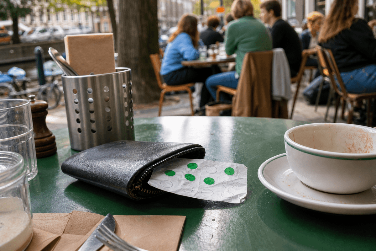 Verkreukelde papieren stempelkaart half uit een portemonnee op een druk terrastafeltje in een Amsterdamse lunchroom, halfleeg koffiekopje ernaast