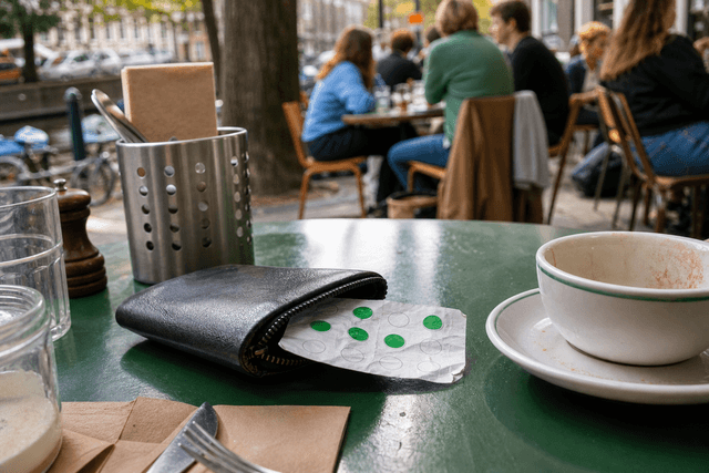 Verkreukelde papieren stempelkaart half uit een portemonnee op een druk terrastafeltje in een Amsterdamse lunchroom, halfleeg koffiekopje ernaast