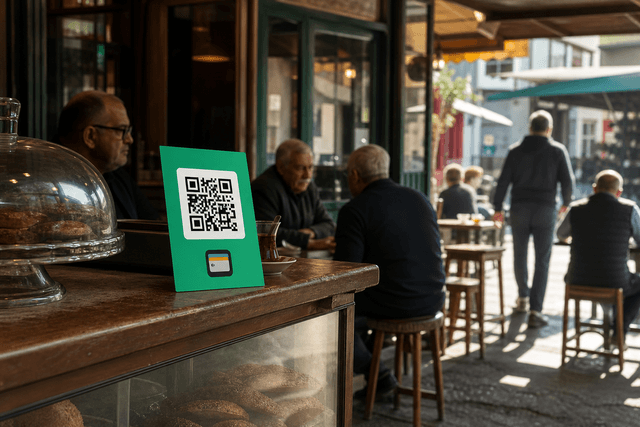 Mahalle kafesinde tezgah üstünde duran QR kodlu bir Apple Wallet sadakat kartı