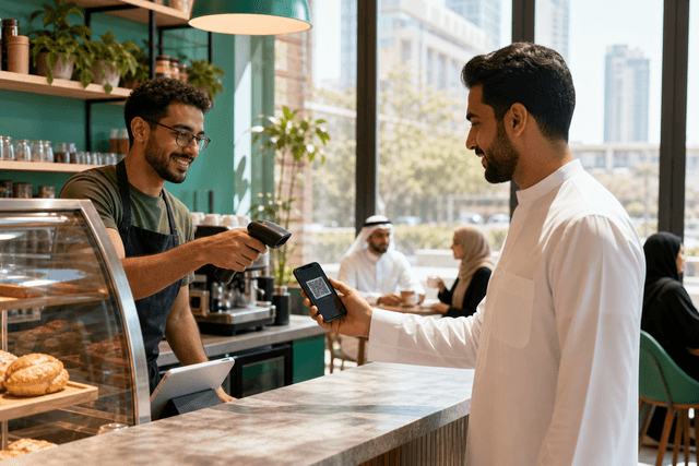 باريستا في مقهى مستقل يمسح رمز QR على هاتف زبون عند نقطة الدفع