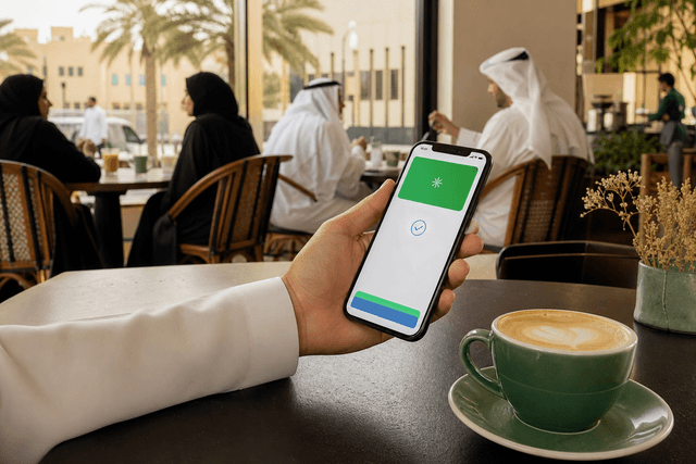 كوب قهوة بجانب هاتف يعرض بطاقة ولاء رقمية في محفظة آبل