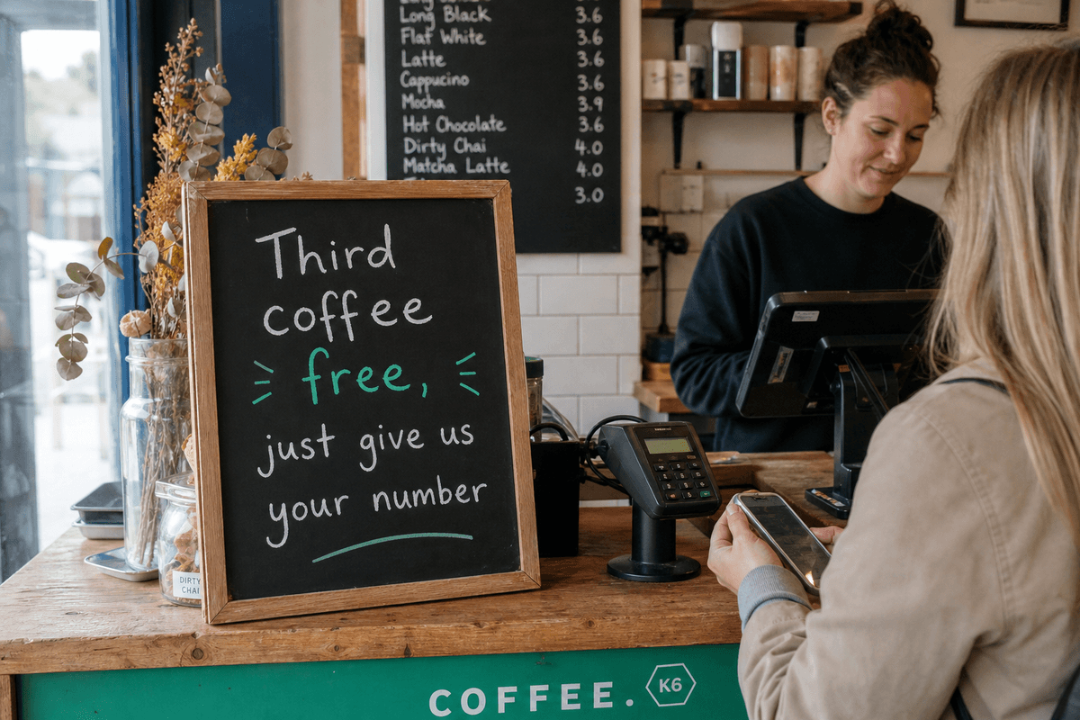 A handwritten chalkboard sign next to a coffee till reading 'Third coffee free, just give us your number'