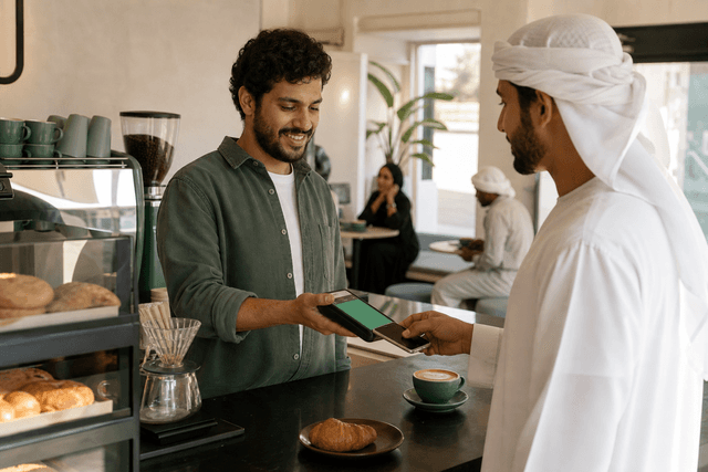 عامل مقهى مستقل يمرّر بطاقة ولاء رقمية على شاشة صغيرة عند الكاشير