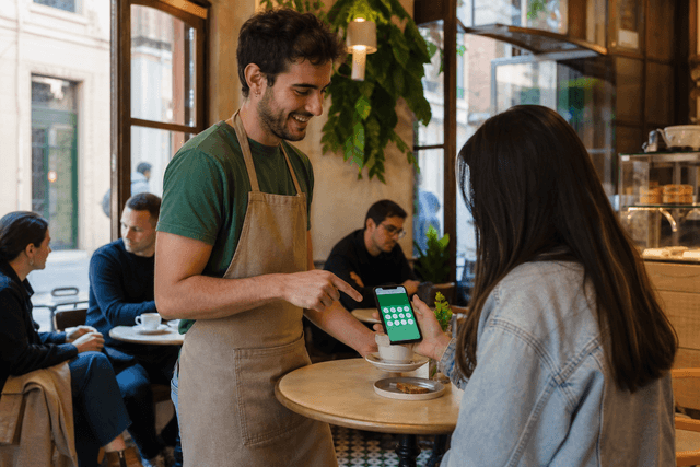 Camarero en una cafetería española mostrando una tarjeta de sellos digital en el móvil de un cliente