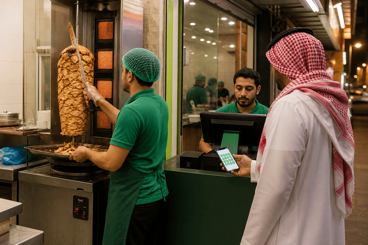 طبّاخ شاورما يقطع اللحم من السيخ العمودي في مطعم شعبي بالرياض ليلاً، وزبون أمام الكاشير يفتح بطاقة أختام في Apple Wallet على هاتفه