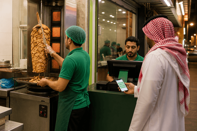 طبّاخ شاورما يقطع اللحم من السيخ العمودي في مطعم شعبي بالرياض ليلاً، وزبون أمام الكاشير يفتح بطاقة أختام في Apple Wallet على هاتفه