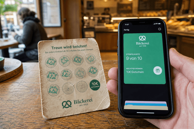 Abgenutzte Papier-Stempelkarte einer deutschen Bäckerei neben einem Smartphone mit Wallet-Pass