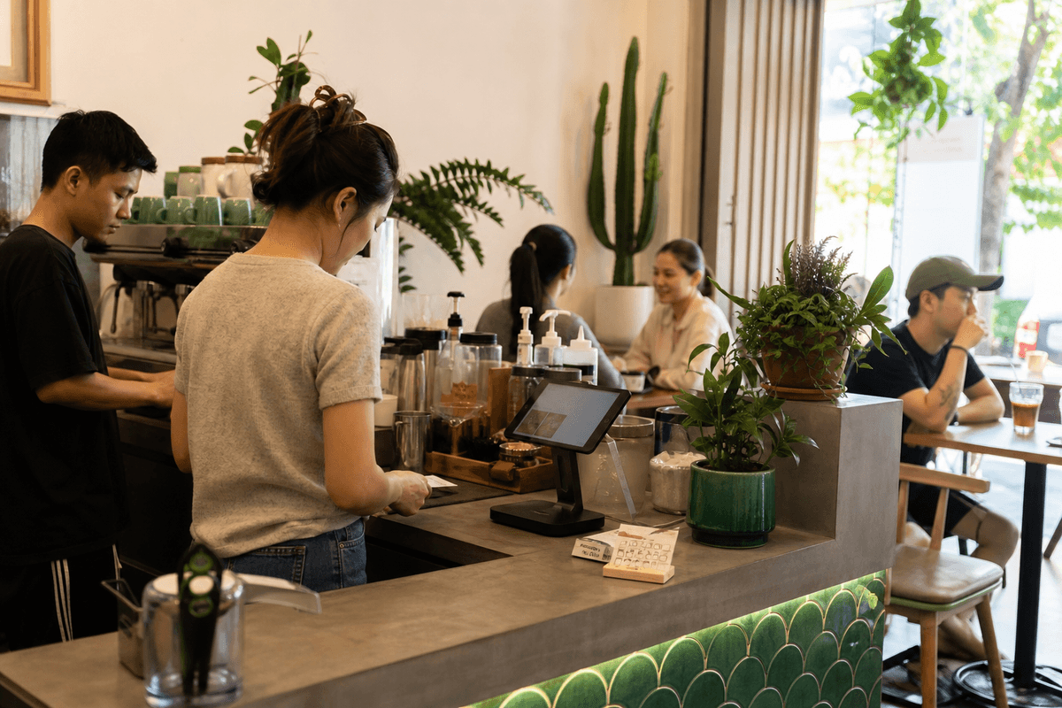 Quầy pha chế của một quán cà phê Việt độc lập với menu viết tay và thẻ tích điểm giấy nằm cạnh máy POS