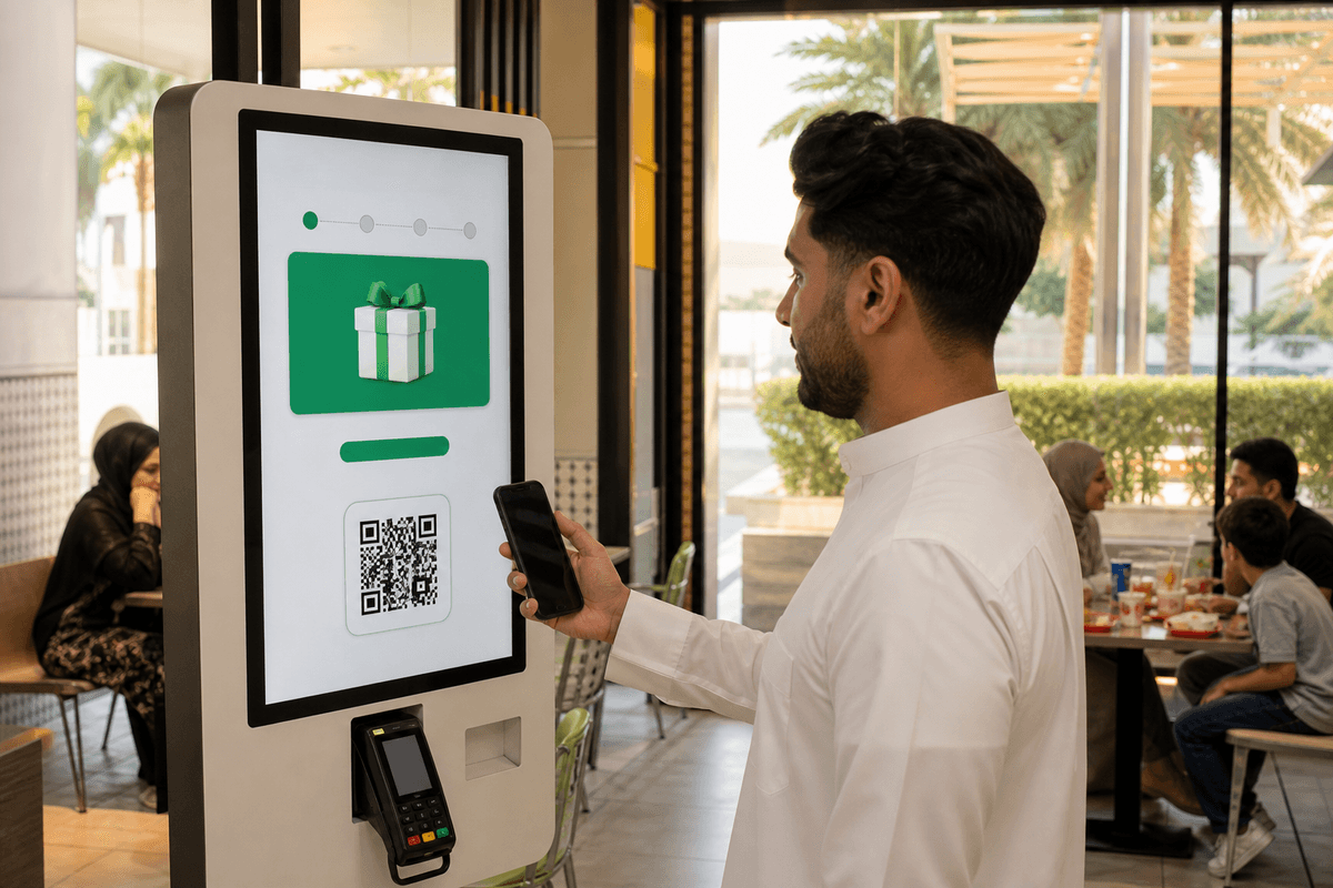 شاشة طلب ذاتي في فرع ماكدونالدز بالرياض تعرض واجهة برنامج المكافآت، وزبون يمرّر هاتفه أمامها لمسح رمز QR