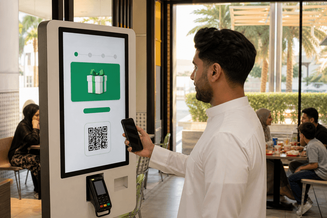 شاشة طلب ذاتي في فرع ماكدونالدز بالرياض تعرض واجهة برنامج المكافآت، وزبون يمرّر هاتفه أمامها لمسح رمز QR
