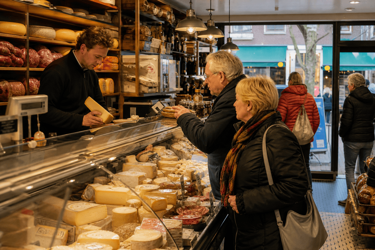 Toonbank van een Nederlandse delicatessenzaak met kaas, worst en handgeschreven prijskaartjes