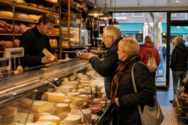 Toonbank van een Nederlandse delicatessenzaak met kaas, worst en handgeschreven prijskaartjes