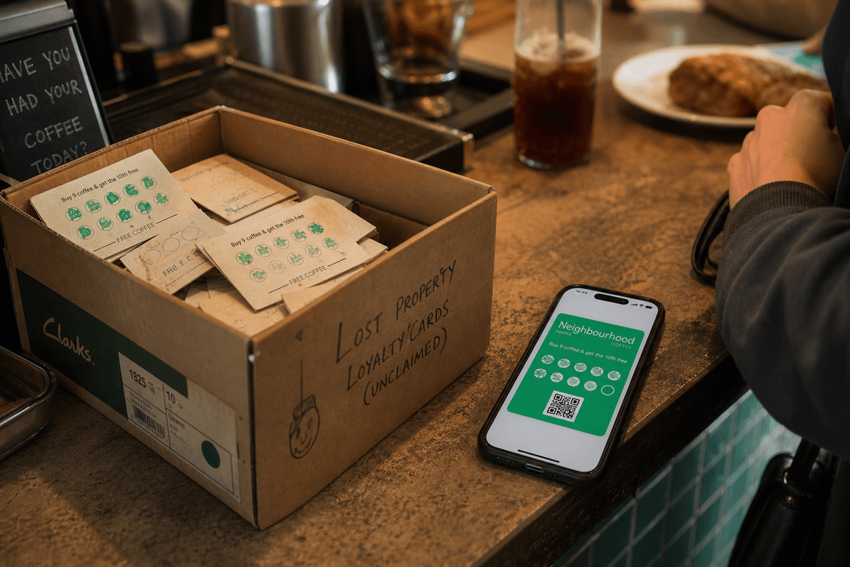 A shoebox of half-stamped paper loyalty cards on a cafe counter next to a phone showing a wallet pass