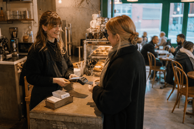 Kassaområde i en uavhengig norsk kafé med håndskrevet meny og stempelkort ved siden av kortterminalen